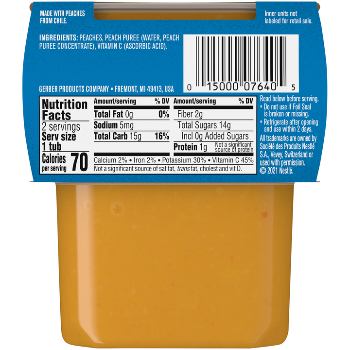 Gerber 2Nd Foods Non-Gmo Peach Puree Baby Food Tub-2X 4 Oz Tubs-8 oz.-8/Case