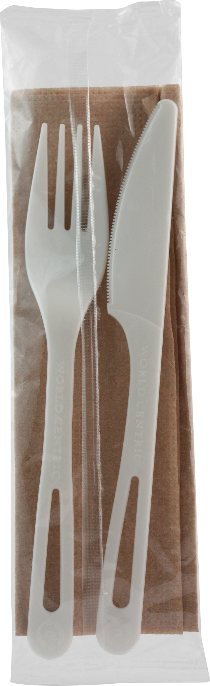 World Centric Tpla Compostable Individually Wrapped Knife-Fork-And Napkin Assorted Cutlery Kit-500 Each-1/Case