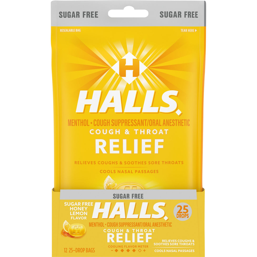 Halls Sugar Free Menthol Lyptus Honey Lemon Cough Drops-25 Count-12/Box-4/Case
