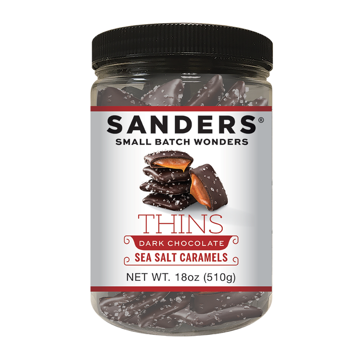 Sanders Dark Chocolate Sea Salt Caramel Thins Tub-18 oz.-6/Case