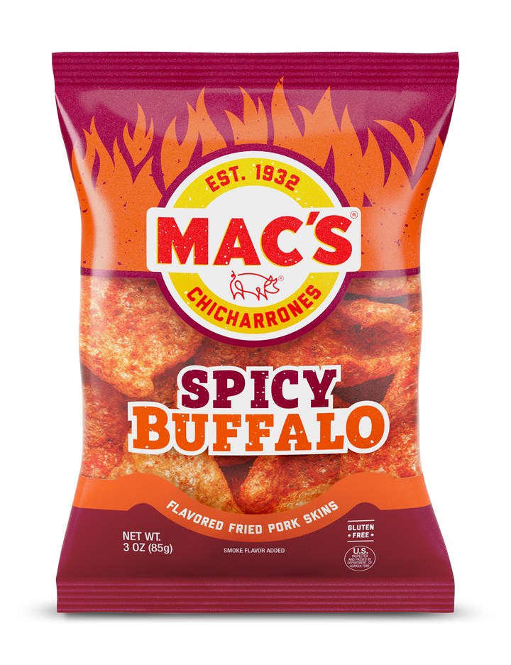 Mac's Box Of Spicy Buffalo Pork Skins-3 oz.-12/Case