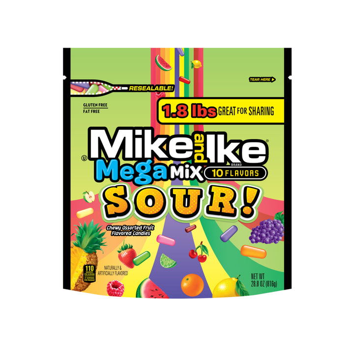 Mike & Ike Mega Mix Sour Gummy Candy Stand Up Bag-28.8 oz.-6/Case