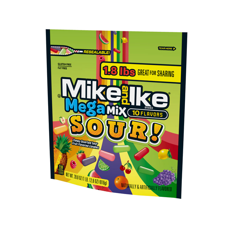 Mike & Ike Mega Mix Sour Gummy Candy Stand Up Bag-28.8 oz.-6/Case