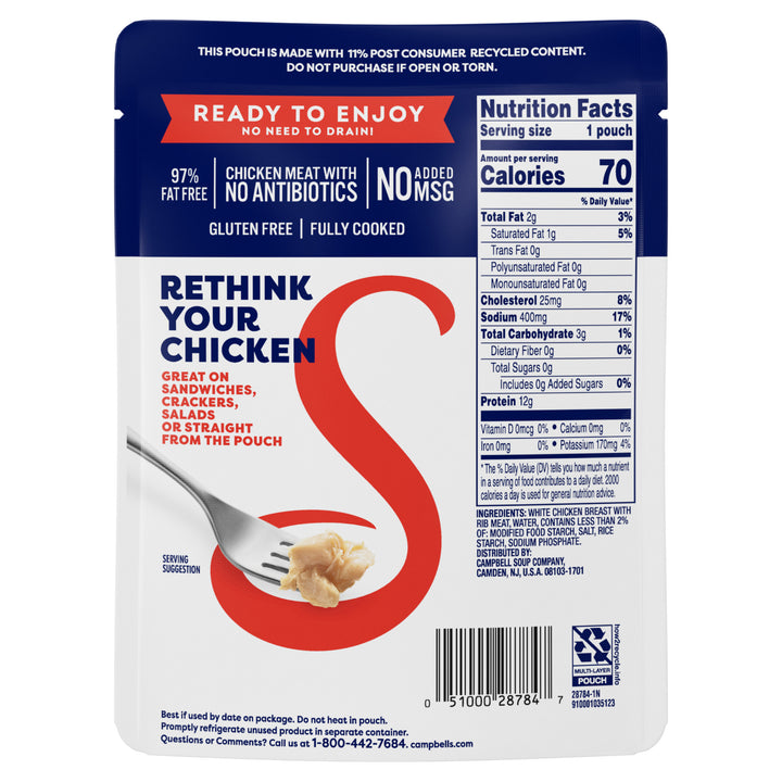 Swanson Fully Cooked White Chunks Chicken Pouch-2.6 oz.-12/Case