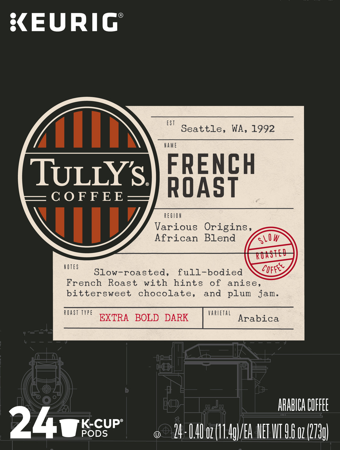 Tullys Coffee Coffee K-Cup Pod French Roast-24 Count-4/Case