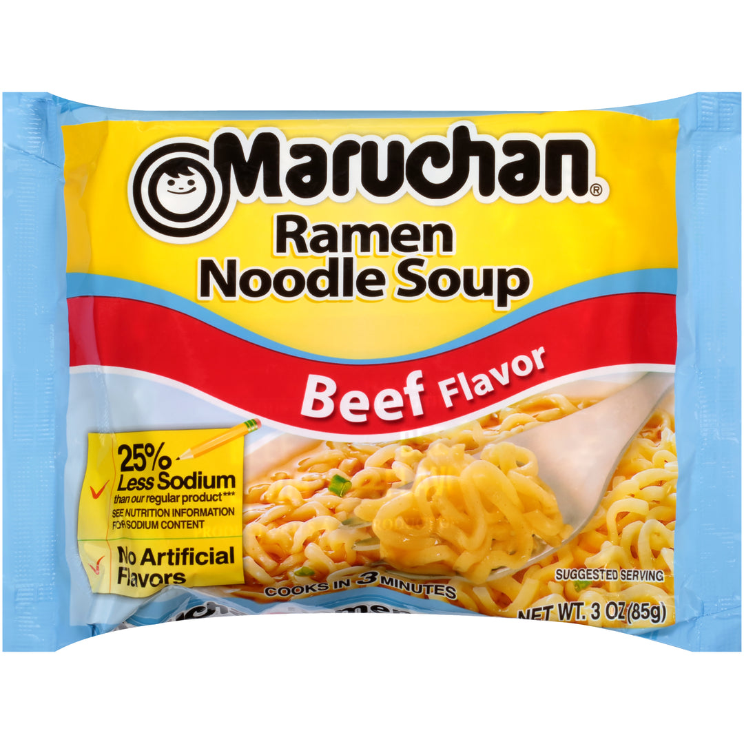 Maruchan Instant 25% Less Sodium No Artificial Flavor Beef Flavored Ramen Noodle Soup-3 oz.-24/Case