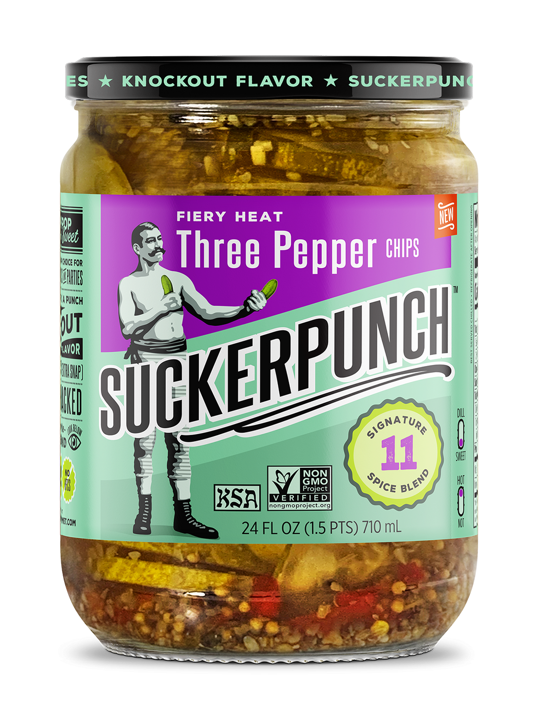 Suckerpunch Gourmet Spicy Dill Fiery Heat Three Pepper Pickle Chips Jar-24 fl. oz.-6/Case