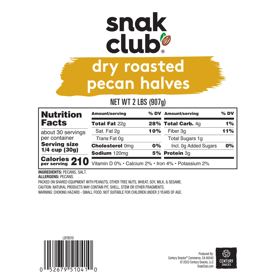 Snak Club Roasted & Salted Pecan-Halves;3- 2Lbs-Case-32 oz.-3/Case