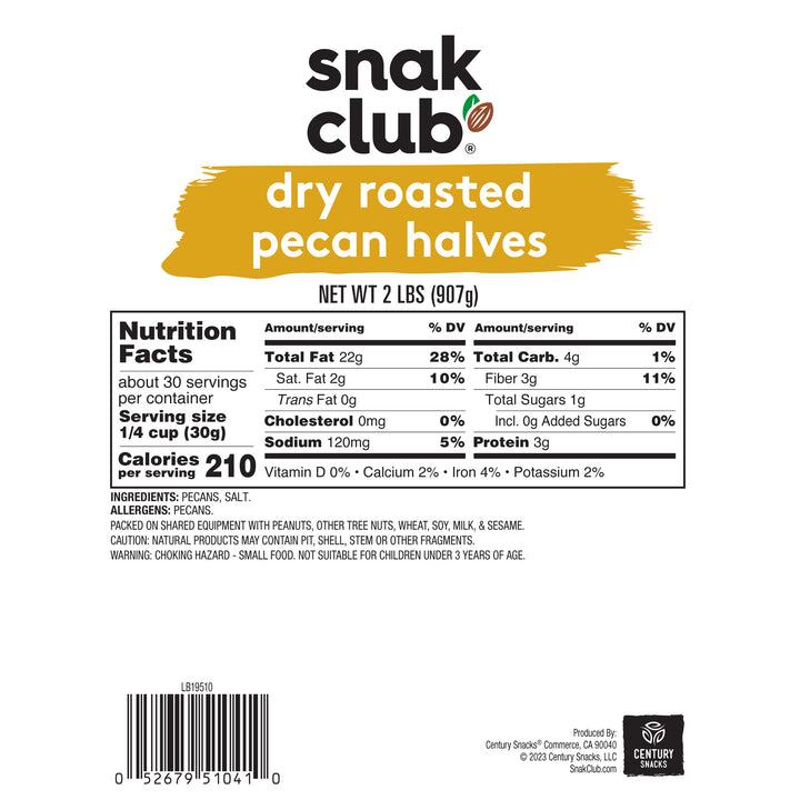 Snak Club Roasted & Salted Pecan-Halves;3- 2Lbs-Case-32 oz.-3/Case