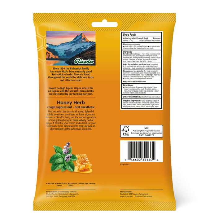 Ricola Honey Herbed Cough Drop Bags-45 Count-6/Box-6/Case