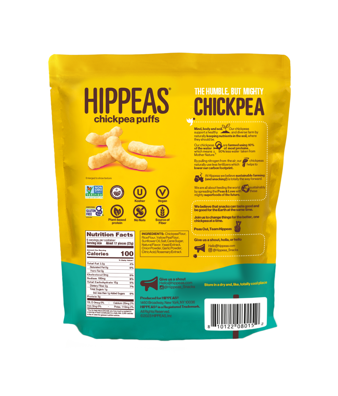 Hippeas Non-Gmo Chickpea Puffs -Vegan White Cheddar-0.8 oz.-6/Box-12/Case