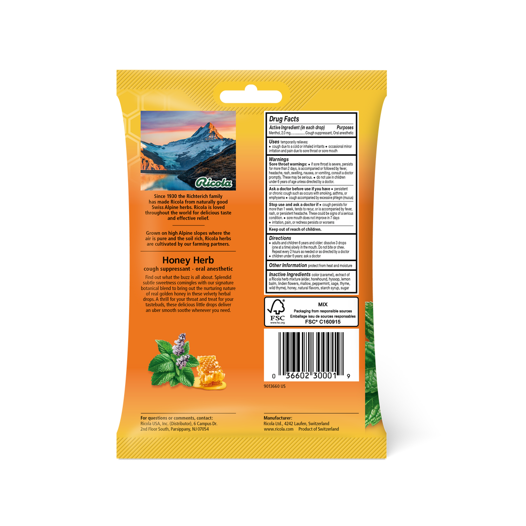 Ricola Honey Herbed Cough Drop Bags-24 Count-8/Box-6/Case
