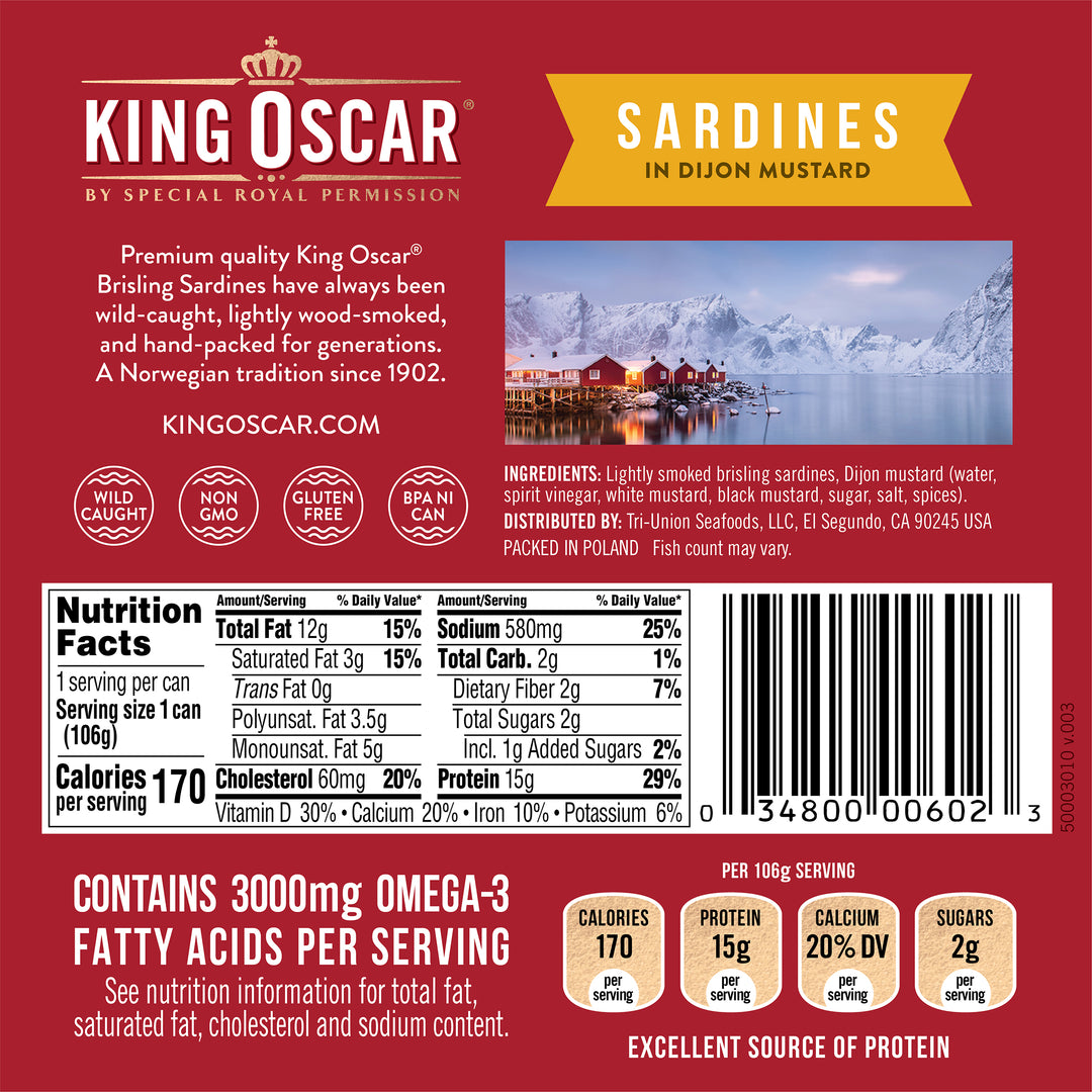 King Oscar 8-12 Fish 1 Layer Wild Sardines In Dijon Mustard-3.75 oz.-12/Case
