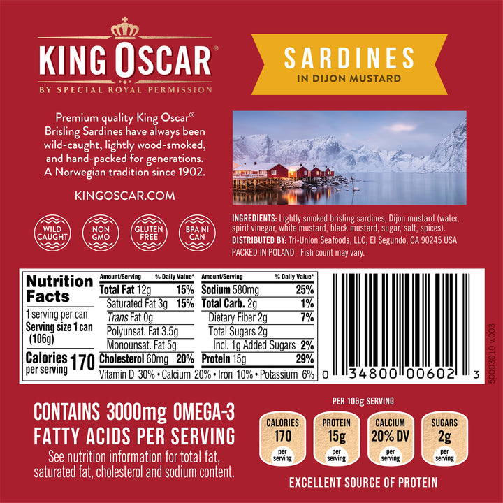 King Oscar 8-12 Fish 1 Layer Wild Sardines In Dijon Mustard-3.75 oz.-12/Case