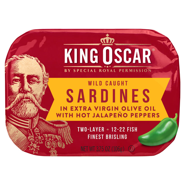 King Oscar 12-22 Fish 2 Layer Wild Sardines In Evoo With Hot Jalapeno Peppers-3.75 oz.-12/Case
