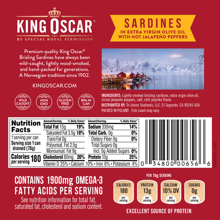 King Oscar 12-22 Fish 2 Layer Wild Sardines In Evoo With Hot Jalapeno Peppers-3.75 oz.-12/Case