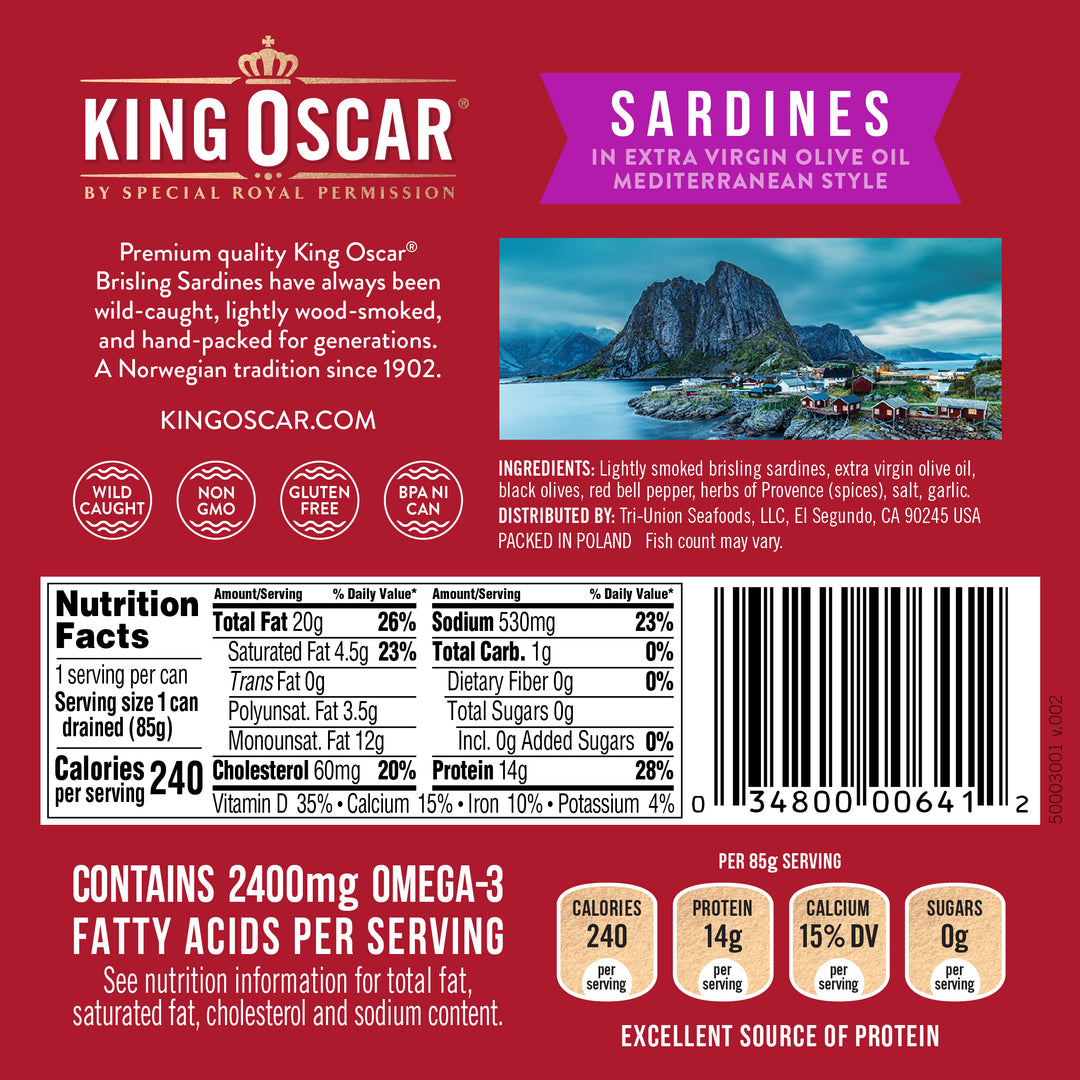 King Oscar 8-12 Fish 1 Layer Wild Sardines In Evoo Mediterranean Style-3.75 oz.-12/Case