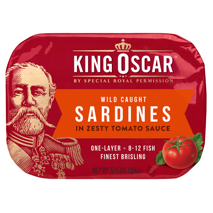 King Oscar 8-12 Fish 1 Layer Wild Sardines In Zesty Tomato Sauce-3.75 oz.-12/Case