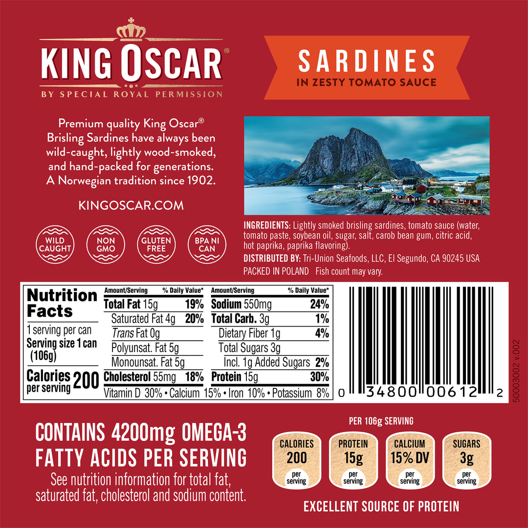 King Oscar 8-12 Fish 1 Layer Wild Sardines In Zesty Tomato Sauce-3.75 oz.-12/Case