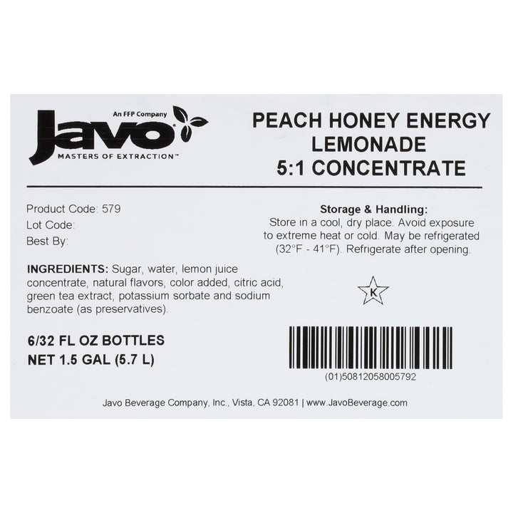 Javo Peach Honey Energy Lemonade-32 fl. oz.-6/Case