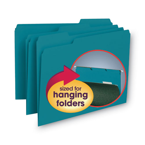 Interior File Folders, 1/3-cut Tabs: Assorted, Letter Size, 0.75" Expansion, Teal, 100/box