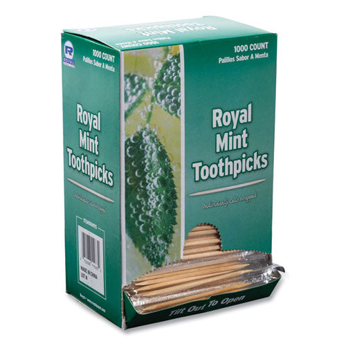 Mint Cello-wrapped Wood Toothpicks, 2.5", Natural, 1,000/box, 15 Boxes/carton