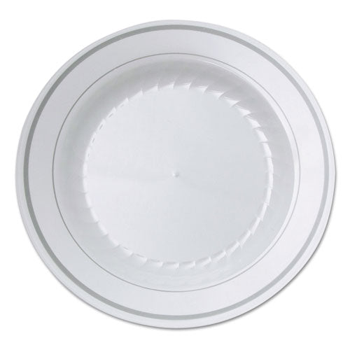 Masterpiece Plastic Dinnerware, 9" Dia, White/silver, 10/pack