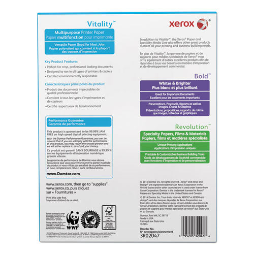 Xerox™ Vitality Multipurpose Print Paper 92 Bright 20 Lb Bond Weight 8.5x11 White 500/ream 10 Reams/ct 40 Cartons/pallet