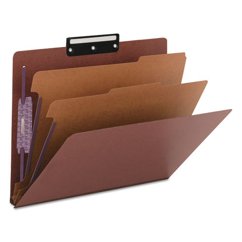 Pressboard Classification Folders, Six Safeshield Fasteners, 1/3-cut Tabs, 2 Dividers, Letter Size, Red, 10/box