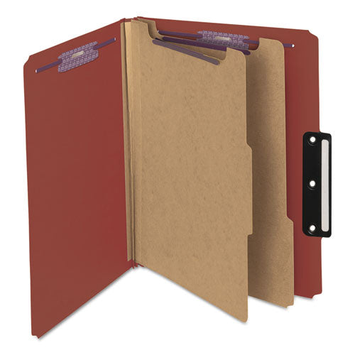 Pressboard Classification Folders, Six Safeshield Fasteners, 1/3-cut Tabs, 2 Dividers, Letter Size, Red, 10/box