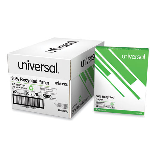 Universal 30% Recycled Copy Paper 92 Bright 20 Lb Bond Weight 8.5x11 White 500 Sheets/ream 10 Reams/Case