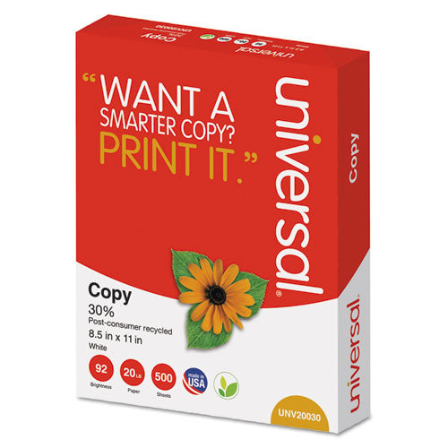 Universal 30% Recycled Copy Paper 92 Bright 20 Lb Bond Weight 8.5x11 White 500 Sheets/ream 10 Reams/Case