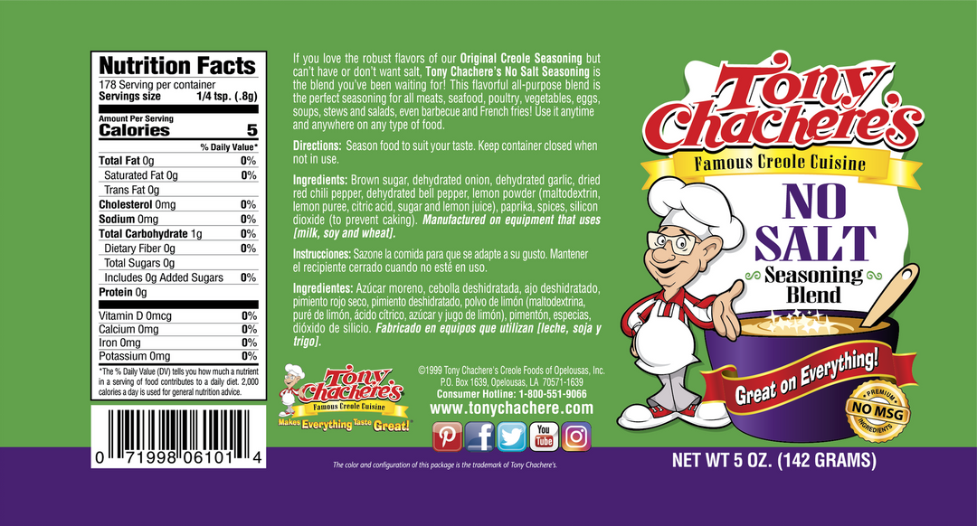 Tony Chachere's Creole Foods No Salt Seasoning-5 oz.-6/Case