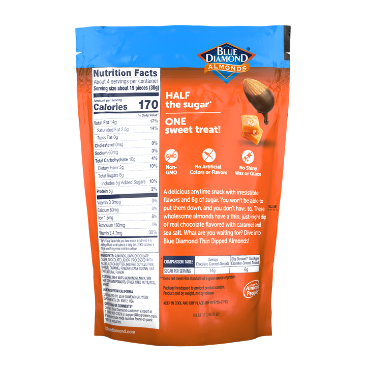 Blue Diamond Thin Dipped Almonds Dark Chocolate Sea Salt Caramel-4 oz.-8/Case