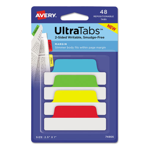 Ultra Tabs Repositionable Tabs, Margin Tabs: 2.5" X 1", 1/5-cut, Assorted Colors, 48/pack