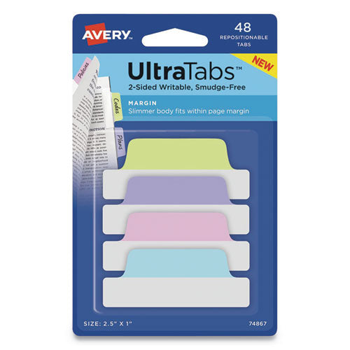 Ultra Tabs Repositionable Tabs, Margin Tabs: 2.5" X 1", 1/5-cut, Assorted Colors, 48/pack