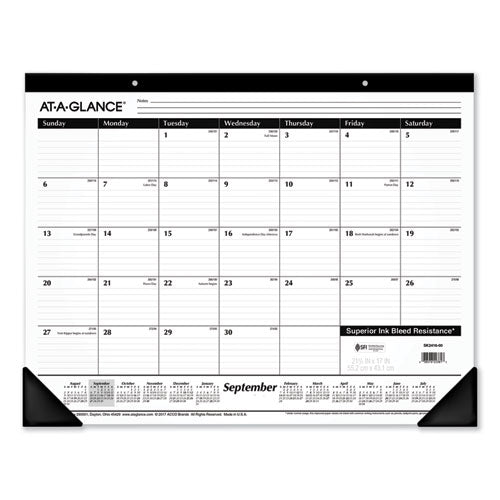 Academic Year Ruled Desk Pad, 21.75 X 17, White Sheets, Black Binding, Black Corners, 16-month (sept To Dec): 2022 To 2023