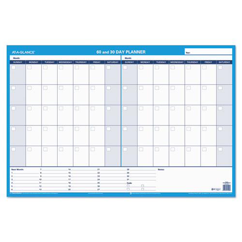 30/60-day Undated Horizontal Erasable Wall Planner, 36 X 24, White/blue Sheets, Undated