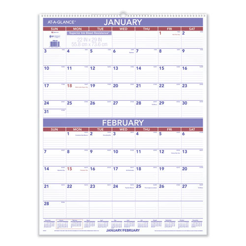 Two-month Wall Calendar, 22 X 29, White/blue/red Sheets, 12-month (jan To Dec): 2023