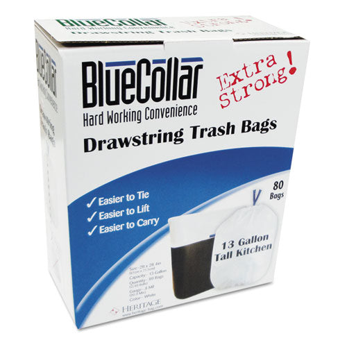 BlueCollar Drawstring Trash Bags 13 Gal 0.8 Mil 24"x28" White 40 Bags/roll 2 Rolls/box