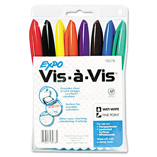 Vis-a-vis Wet Erase Marker, Fine Bullet Tip, Assorted Colors, 8/set