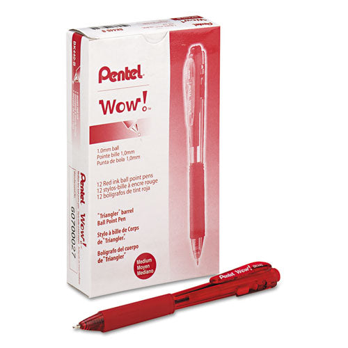 Wow! Ballpoint Pen, Retractable, Medium 1 Mm, Red Ink, Red Barrel, Dozen