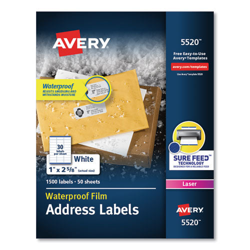 Waterproof Address Labels With Trueblock And Sure Feed, Laser Printers, 1 X 2.63, White, 30/sheet, 50 Sheets/pack