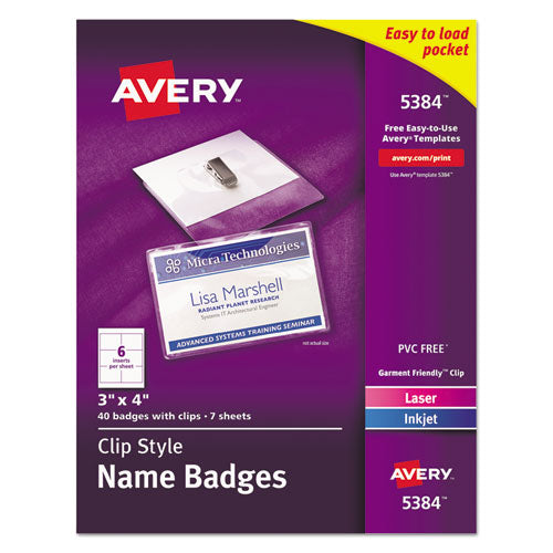 Clip-style Name Badge Holder With Laser/inkjet Insert, Top Load, 4 X 3, White, 40/box