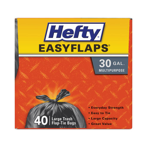 Hefty Easy Flaps Trash Bags 30 Gal 0.85 Mil 30"x33" Black 40 Bags/box 6 Boxes/Case