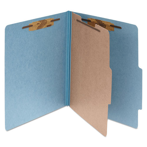 Pressboard Classification Folders, 2" Expansion, 1 Divider, 4 Fasteners, Legal Size, Sky Blue Exterior, 10/box