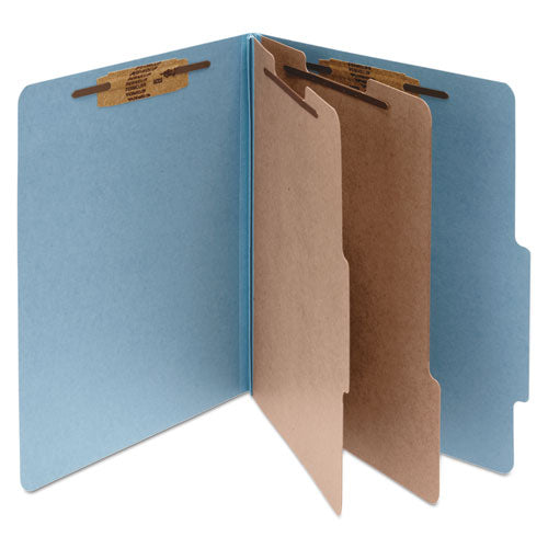 Pressboard Classification Folders, 3" Expansion, 2 Dividers, 6 Fasteners, Legal Size, Sky Blue Exterior, 10/box