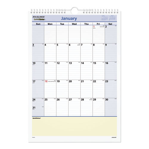 Quicknotes Wall Calendar, 12 X 17, White/blue/yellow Sheets, 12-month (jan To Dec): 2023