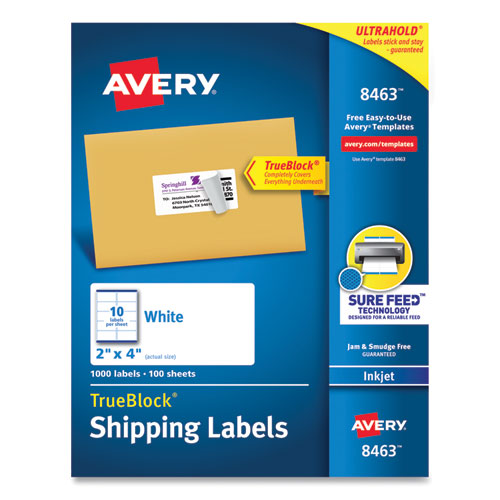 Shipping Labels W/ Trueblock Technology, Inkjet Printers, 2 X 4, White, 10/sheet, 100 Sheets/box