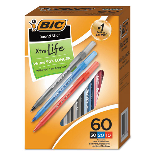 Round Stic Xtra Life Ballpoint Pen, Stick, Medium 1 Mm, Black Ink, Smoke Barrel, Dozen